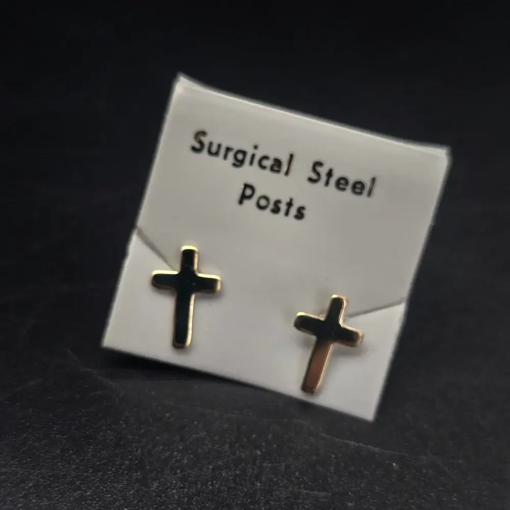 Gold Tone Cross Stud Earrings Surgical Steel Posts Religious Dainty Jewelry